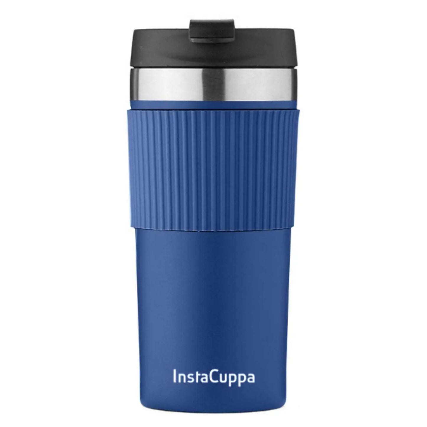 InstaCuppa Stainless Steel Thermos Travel Mug with Double Walled Vacuum Insulation, Flip Top Sipper Lid, Anti-Slip Silicone Grip  400 ML / Navy Blue + Sleeve