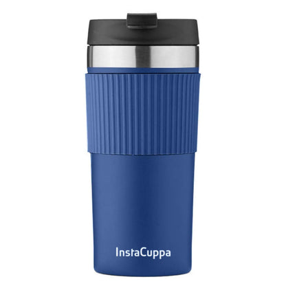 InstaCuppa Stainless Steel Thermos Travel Mug with Double Walled Vacuum Insulation, Flip Top Sipper Lid, Anti-Slip Silicone Grip  400 ML / Navy Blue + Sleeve