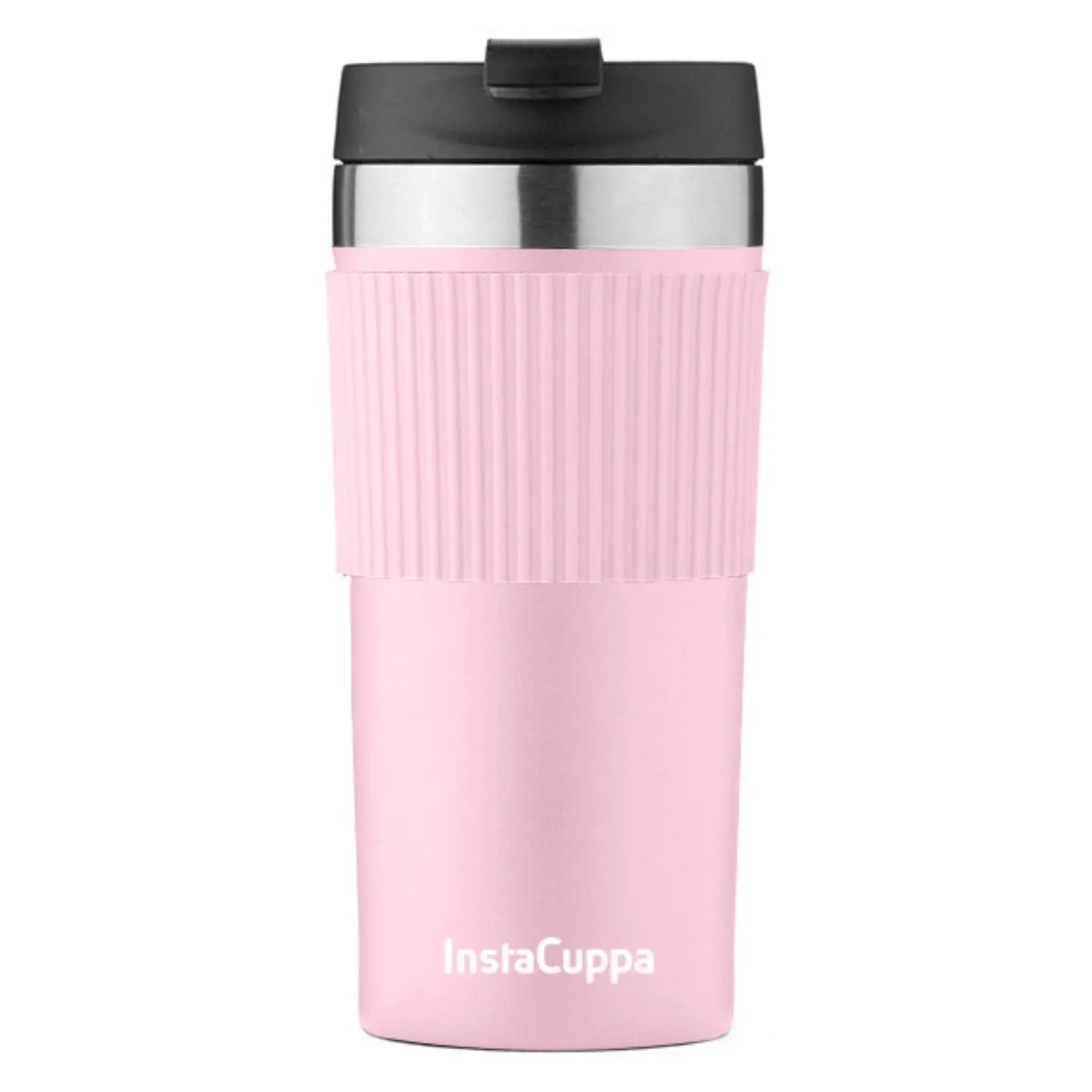 InstaCuppa Stainless Steel Thermos Travel Mug with Double Walled Vacuum Insulation, Flip Top Sipper Lid, Anti-Slip Silicone Grip  400 ML / Pink + Sleeve