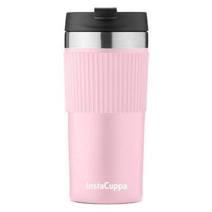InstaCuppa Stainless Steel Thermos Travel Mug with Double Walled Vacuum Insulation, Flip Top Sipper Lid, Anti-Slip Silicone Grip  400 ML / Pink + Sleeve