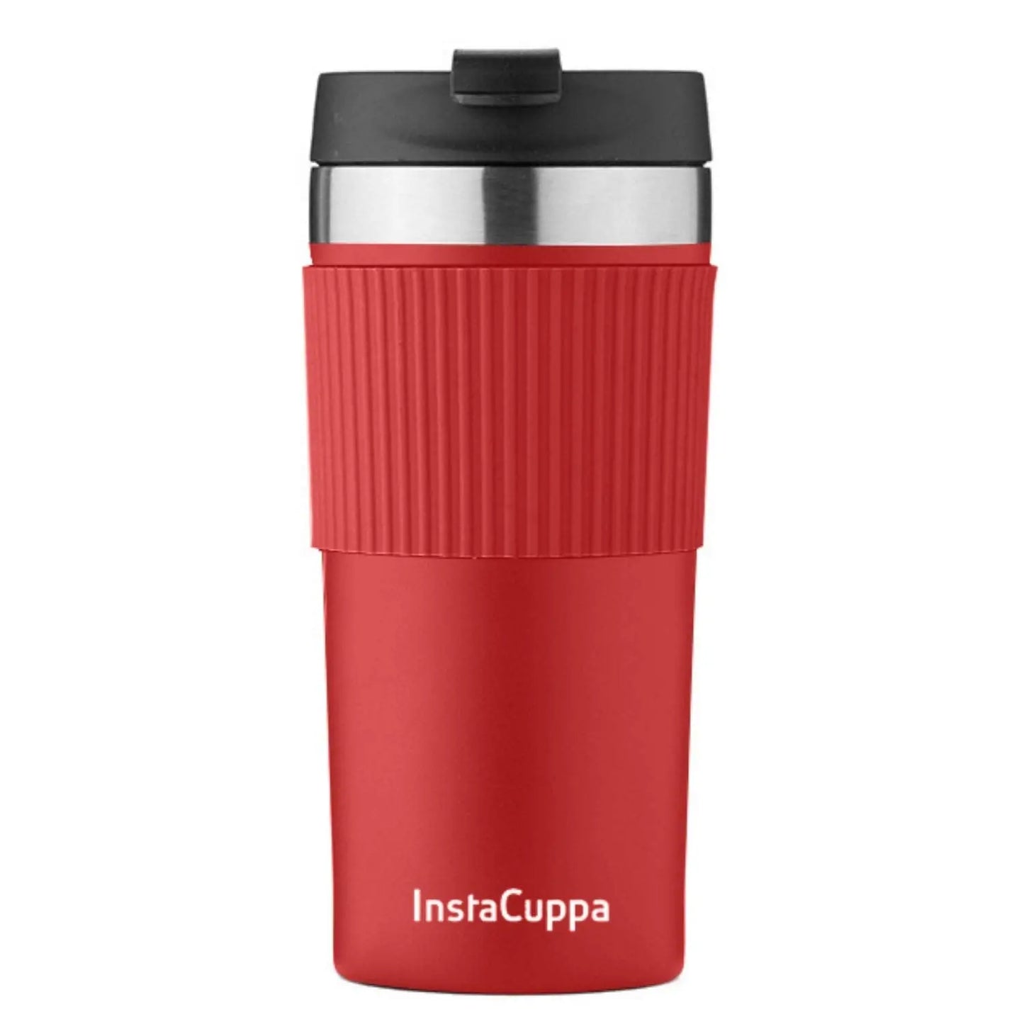 InstaCuppa Stainless Steel Thermos Travel Mug with Double Walled Vacuum Insulation, Flip Top Sipper Lid, Anti-Slip Silicone Grip  400 ML / Red + Sleeve