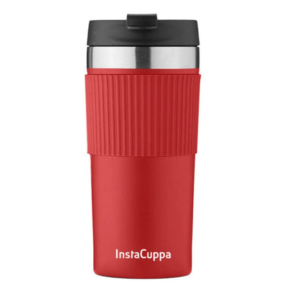 InstaCuppa Stainless Steel Thermos Travel Mug with Double Walled Vacuum Insulation, Flip Top Sipper Lid, Anti-Slip Silicone Grip  400 ML / Red + Sleeve