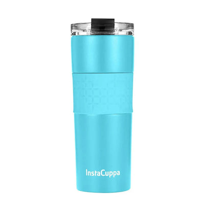 InstaCuppa Stainless Steel Thermos Travel Mug with Double Walled Vacuum Insulation, Flip Top Sipper Lid, Anti-Slip Silicone Grip  470 ML / Green + Sleeve