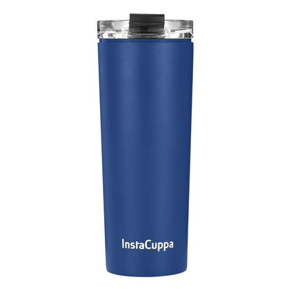 InstaCuppa Stainless Steel Thermos Travel Mug with Double Walled Vacuum Insulation, Flip Top Sipper Lid, Anti-Slip Silicone Grip  470 ML / Navy Blue