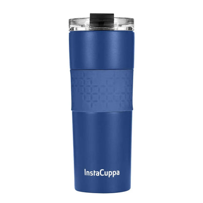 InstaCuppa Stainless Steel Thermos Travel Mug with Double Walled Vacuum Insulation, Flip Top Sipper Lid, Anti-Slip Silicone Grip  470 ML / Navy Blue + Sleeve