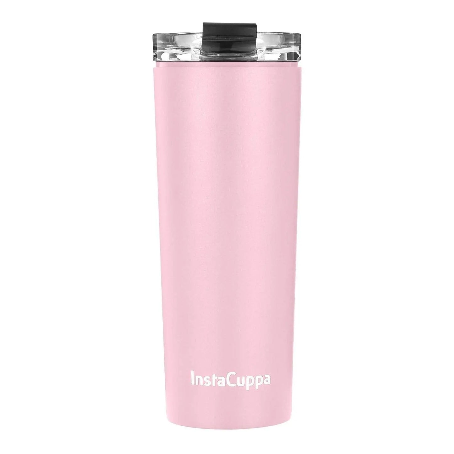 InstaCuppa Stainless Steel Thermos Travel Mug with Double Walled Vacuum Insulation, Flip Top Sipper Lid, Anti-Slip Silicone Grip  470 ML / Pink