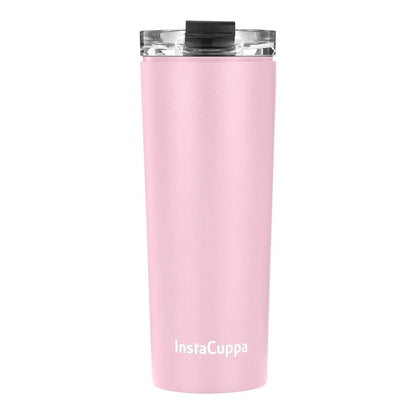InstaCuppa Stainless Steel Thermos Travel Mug with Double Walled Vacuum Insulation, Flip Top Sipper Lid, Anti-Slip Silicone Grip  470 ML / Pink