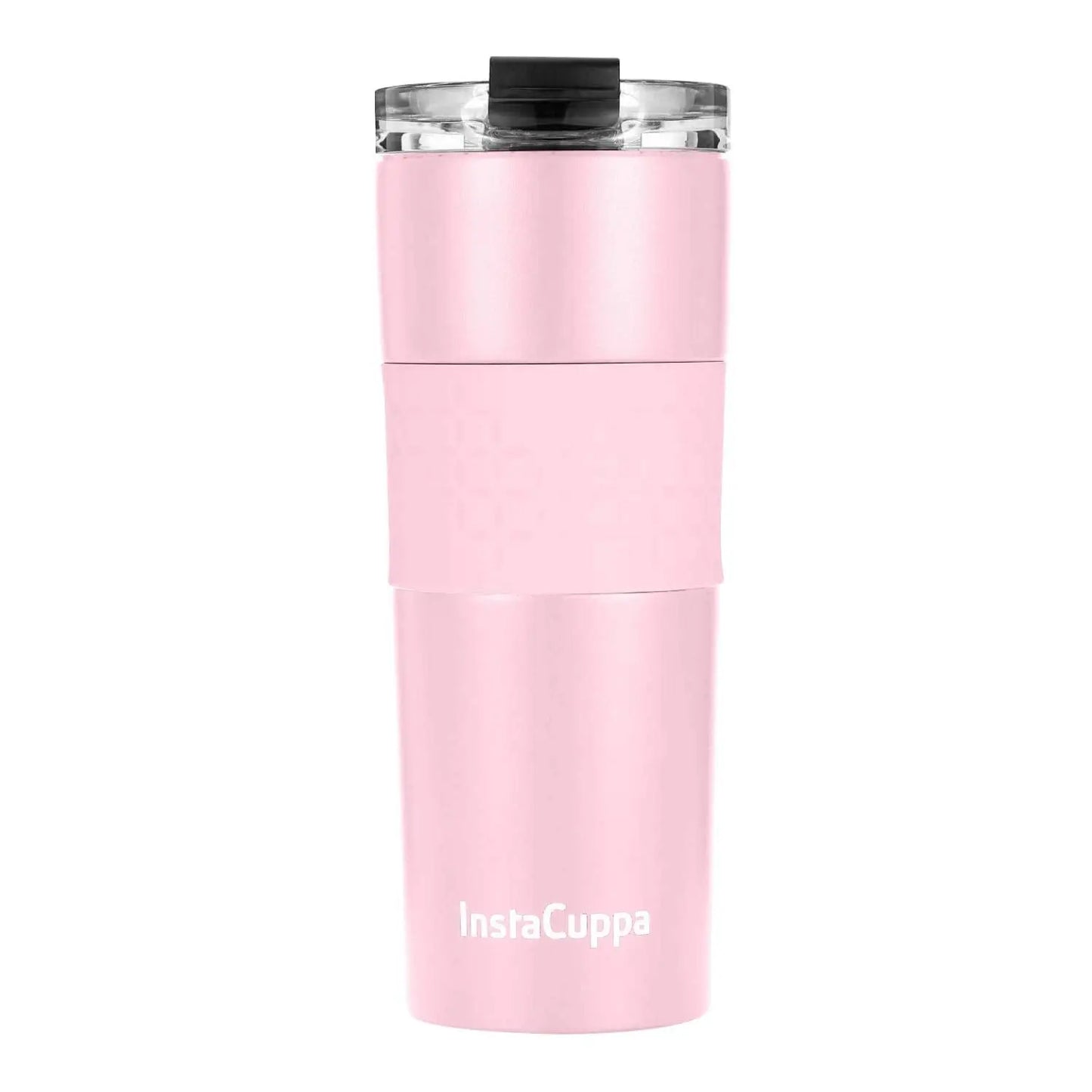 InstaCuppa Stainless Steel Thermos Travel Mug with Double Walled Vacuum Insulation, Flip Top Sipper Lid, Anti-Slip Silicone Grip  470 ML / Pink + Sleeve