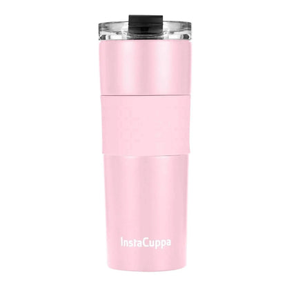 InstaCuppa Stainless Steel Thermos Travel Mug with Double Walled Vacuum Insulation, Flip Top Sipper Lid, Anti-Slip Silicone Grip  470 ML / Pink + Sleeve