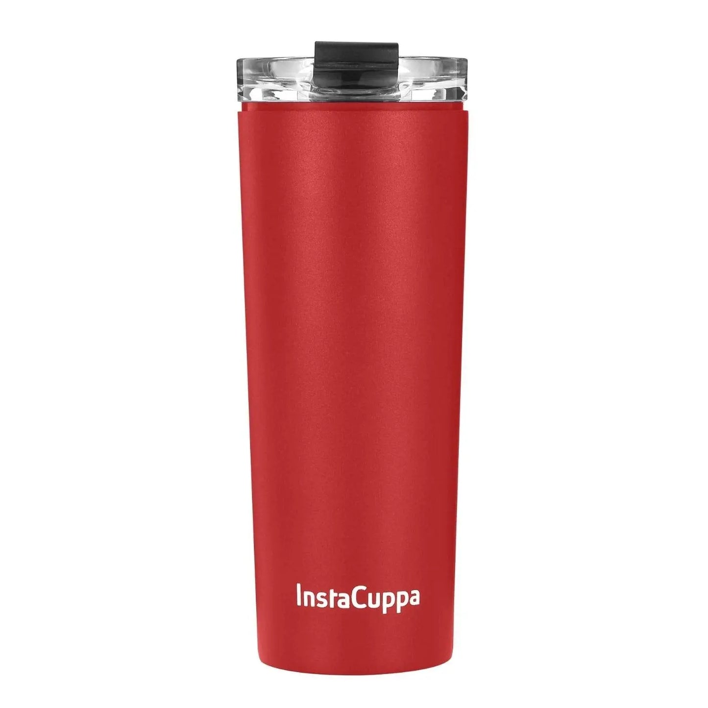 InstaCuppa Stainless Steel Thermos Travel Mug with Double Walled Vacuum Insulation, Flip Top Sipper Lid, Anti-Slip Silicone Grip  470 ML / Red