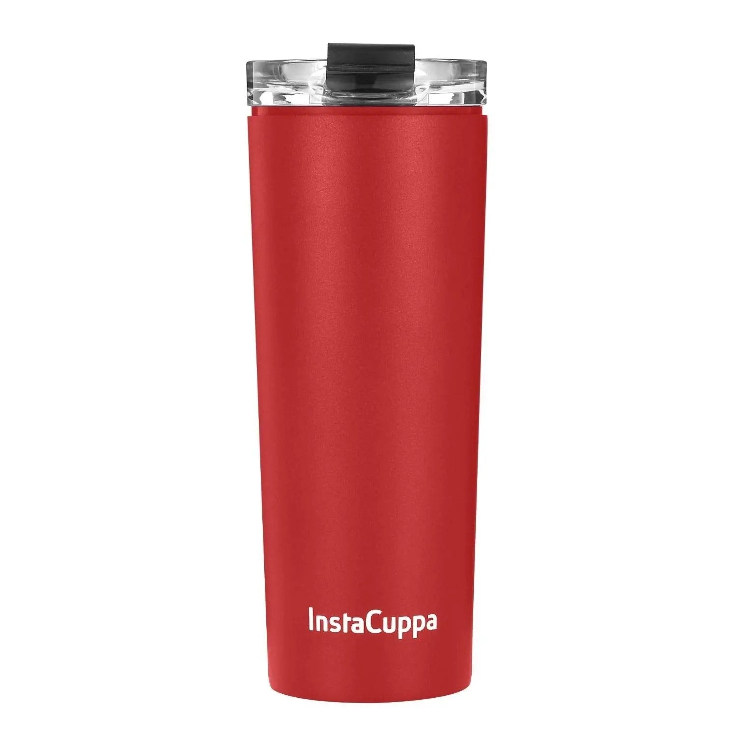 InstaCuppa Stainless Steel Thermos Travel Mug with Double Walled Vacuum Insulation, Flip Top Sipper Lid, Anti-Slip Silicone Grip  470 ML / Red