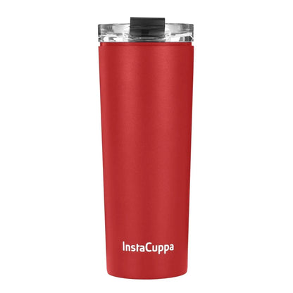 InstaCuppa Stainless Steel Thermos Travel Mug with Double Walled Vacuum Insulation, Flip Top Sipper Lid, Anti-Slip Silicone Grip  470 ML / Red