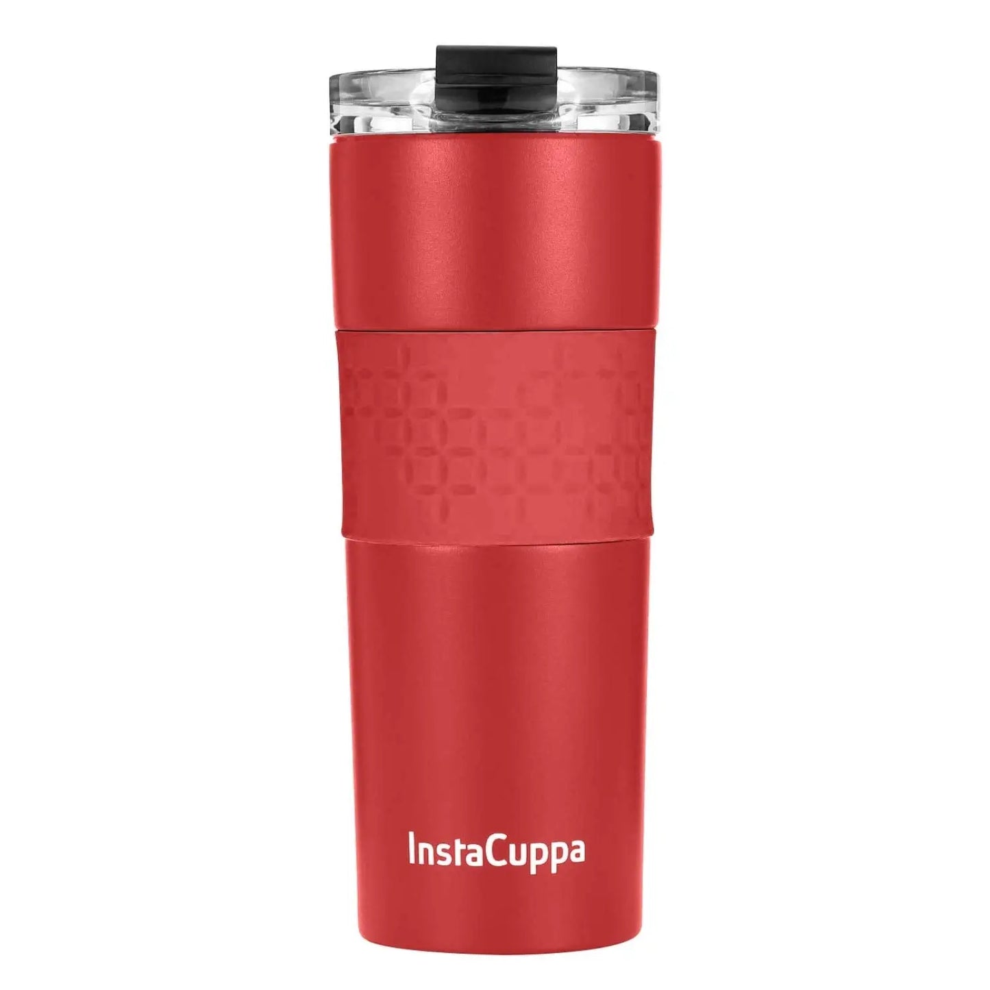 InstaCuppa Stainless Steel Thermos Travel Mug with Double Walled Vacuum Insulation, Flip Top Sipper Lid, Anti-Slip Silicone Grip  470 ML / Red + Sleeve