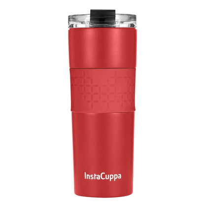InstaCuppa Stainless Steel Thermos Travel Mug with Double Walled Vacuum Insulation, Flip Top Sipper Lid, Anti-Slip Silicone Grip  470 ML / Red + Sleeve