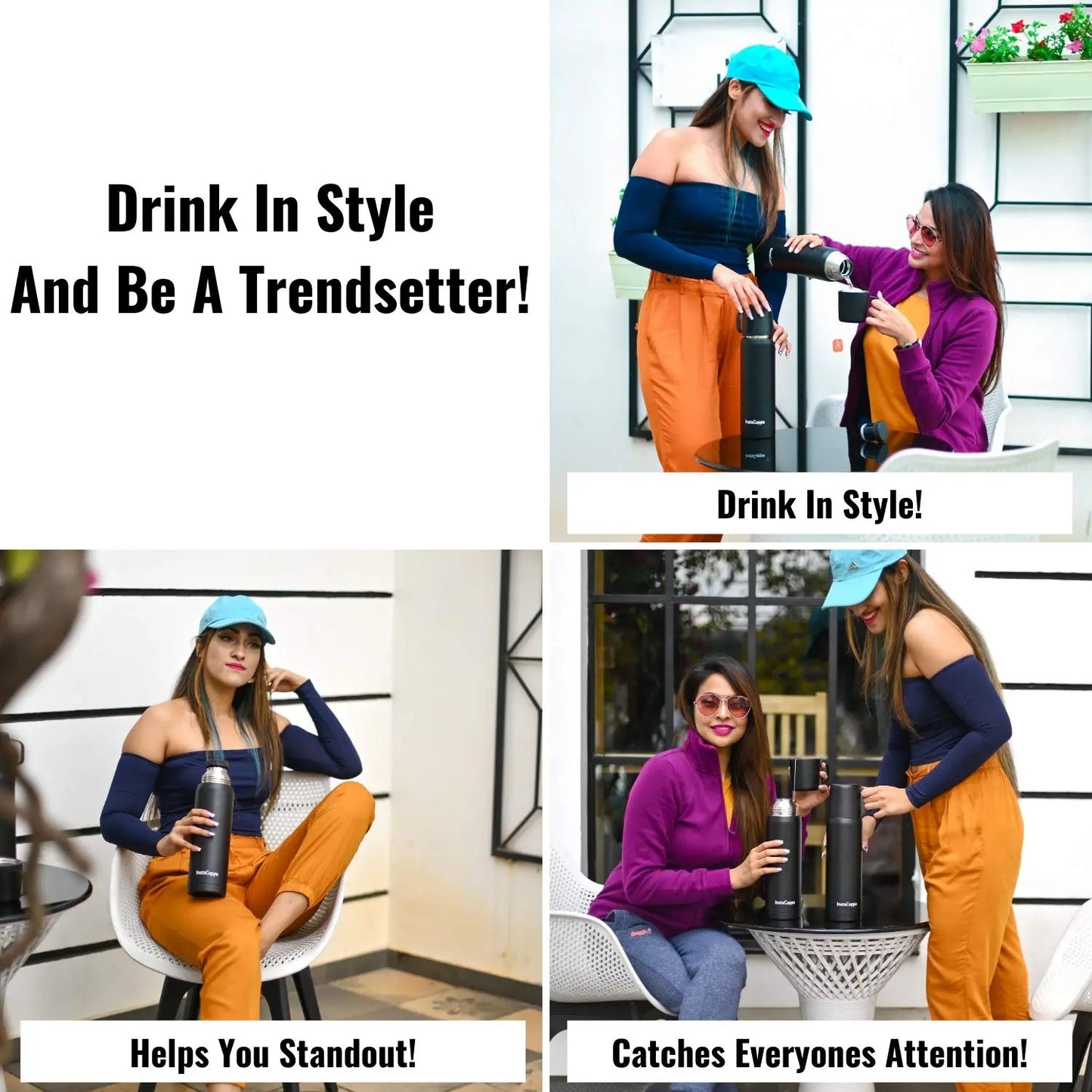 InstaCuppa Thermos Flask Bottle with Built-In Stainless Steel Mug, Twist Pour Screw Lid, Double Walled Vacuum Insulation 