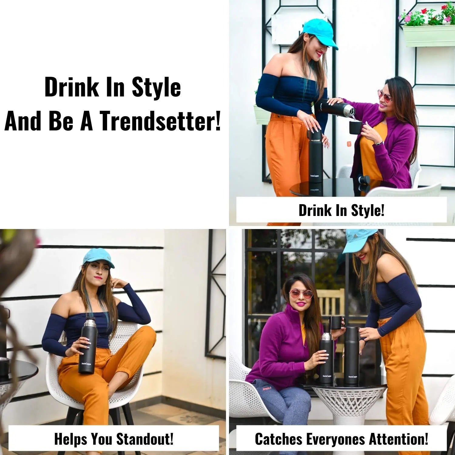 InstaCuppa Thermos Flask Bottle with Built-In Stainless Steel Mug, Twist Pour Screw Lid, Double Walled Vacuum Insulation 