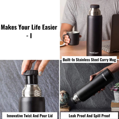 InstaCuppa Thermos Flask Bottle with Built-In Stainless Steel Mug, Twist Pour Screw Lid, Double Walled Vacuum Insulation 