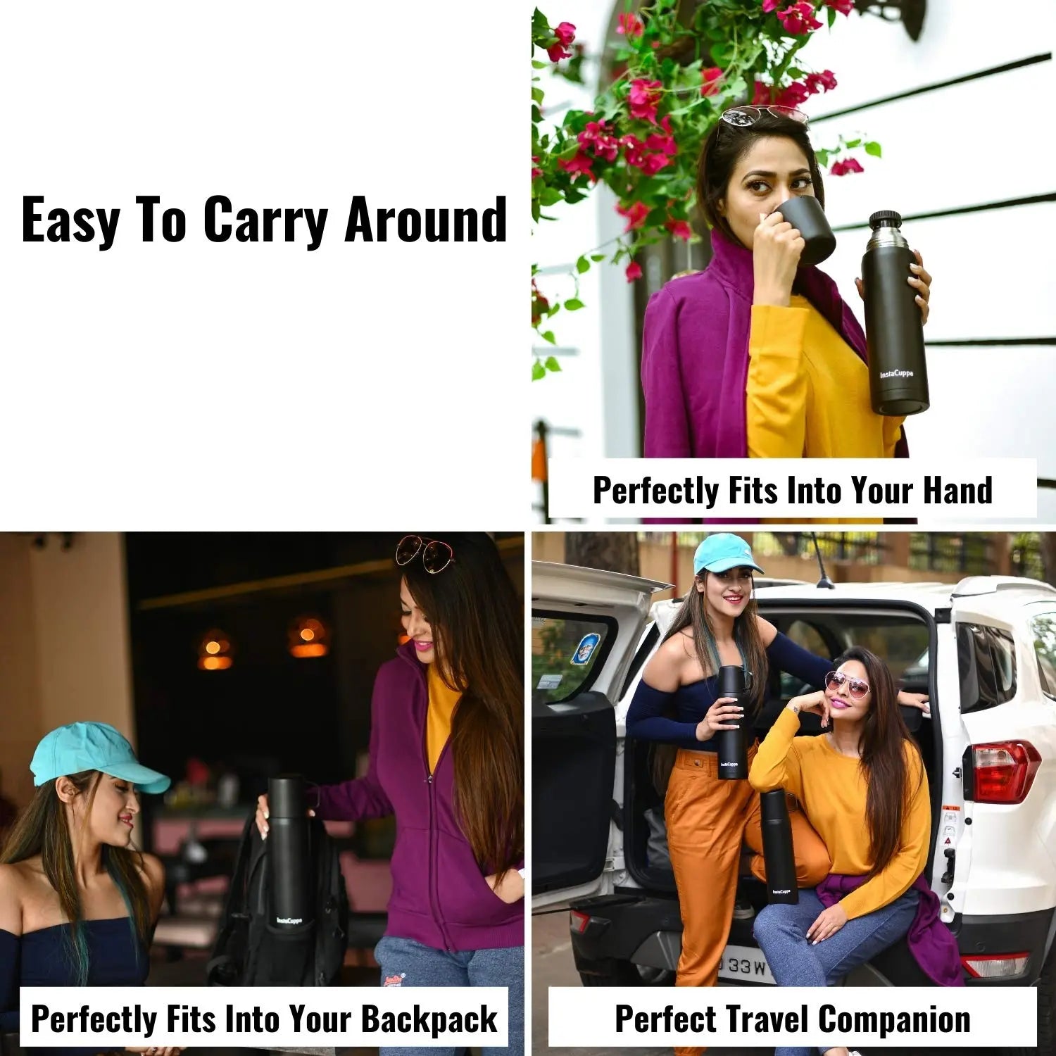 InstaCuppa Thermos Flask Bottle with Built-In Stainless Steel Mug, Twist Pour Screw Lid, Double Walled Vacuum Insulation 