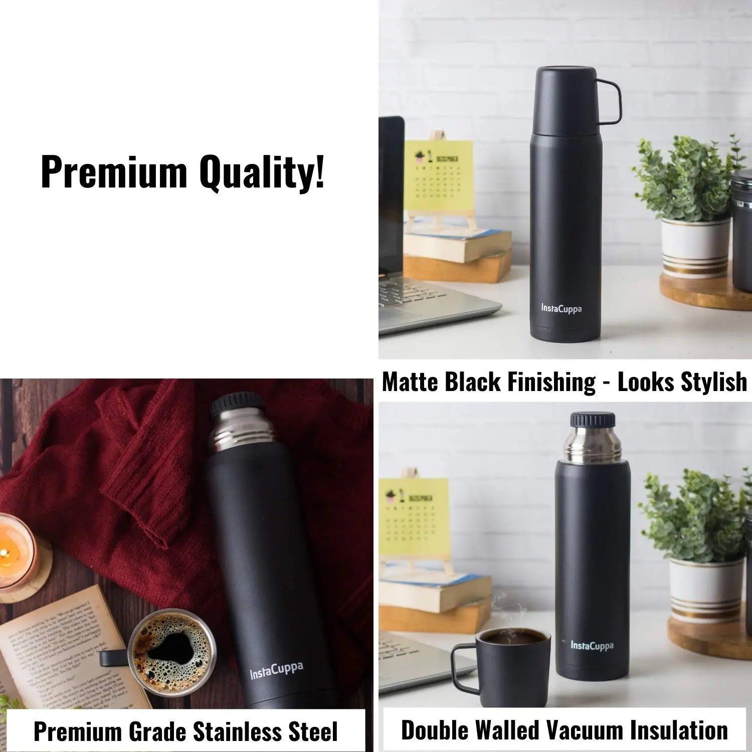 InstaCuppa Thermos Flask Bottle with Built-In Stainless Steel Mug, Twist Pour Screw Lid, Double Walled Vacuum Insulation 