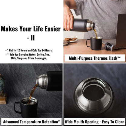 InstaCuppa Thermos Flask Bottle with Built-In Stainless Steel Mug, Twist Pour Screw Lid, Double Walled Vacuum Insulation 