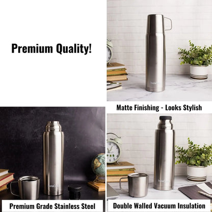 InstaCuppa Thermos Flask Bottle with Built-In Stainless Steel Mug, Twist Pour Screw Lid, Double Walled Vacuum Insulation 