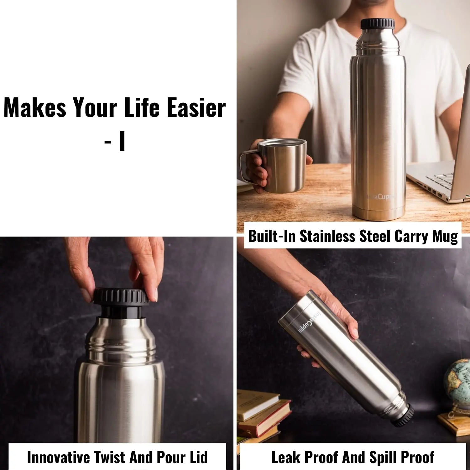 InstaCuppa Thermos Flask Bottle with Built-In Stainless Steel Mug, Twist Pour Screw Lid, Double Walled Vacuum Insulation 
