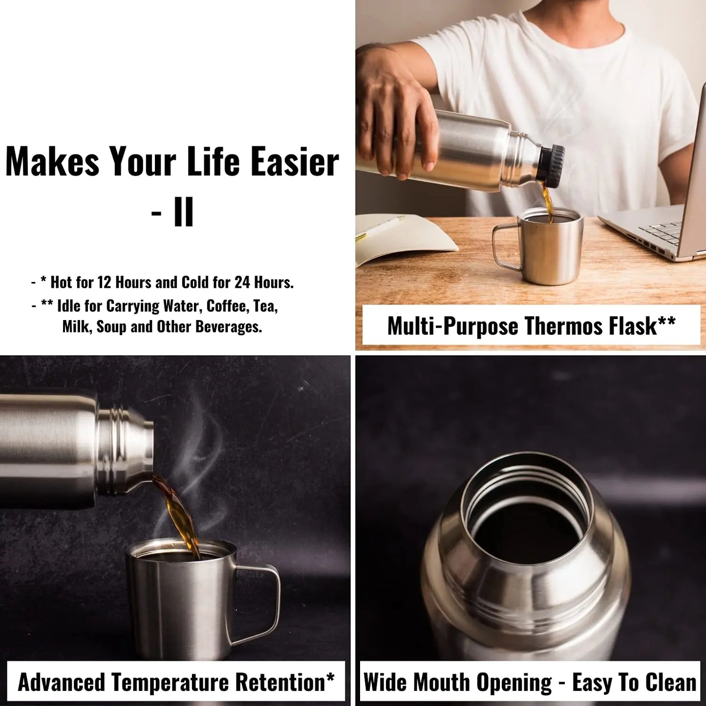 InstaCuppa Thermos Flask Bottle with Built-In Stainless Steel Mug, Twist Pour Screw Lid, Double Walled Vacuum Insulation 