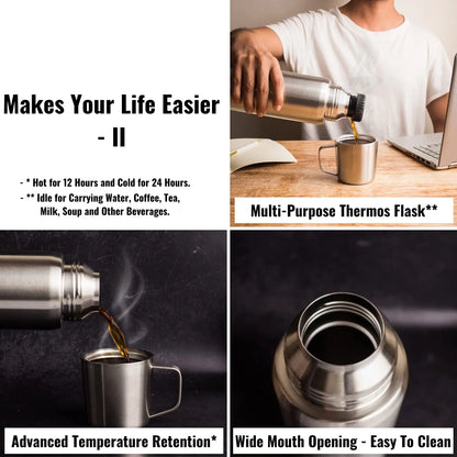 InstaCuppa Thermos Flask Bottle with Built-In Stainless Steel Mug, Twist Pour Screw Lid, Double Walled Vacuum Insulation 