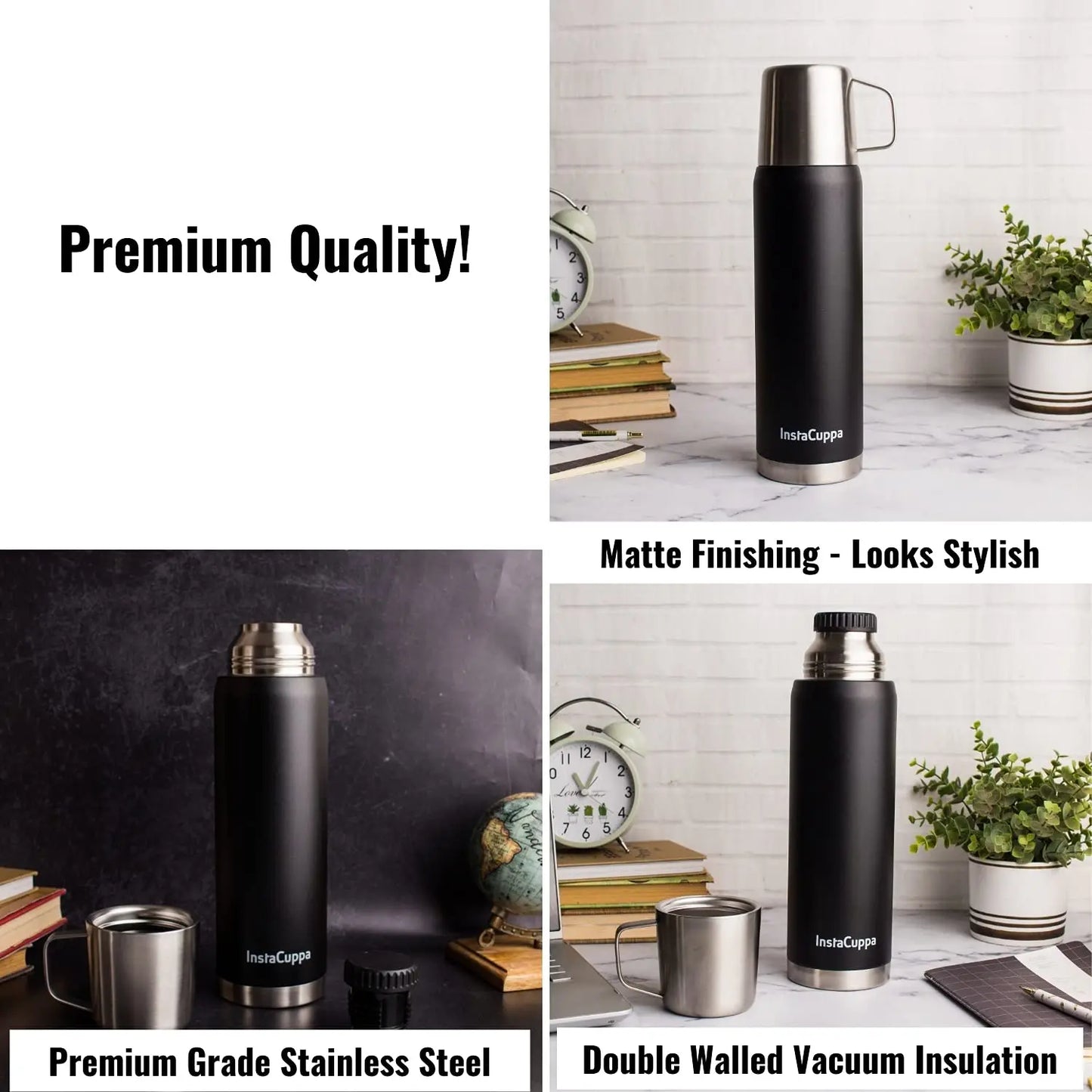 InstaCuppa Thermos Flask Bottle with Built-In Stainless Steel Mug, Twist Pour Screw Lid, Double Walled Vacuum Insulation 