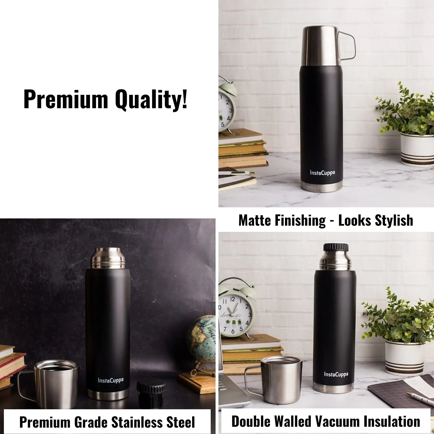 InstaCuppa Thermos Flask Bottle with Built-In Stainless Steel Mug, Twist Pour Screw Lid, Double Walled Vacuum Insulation 