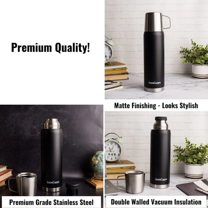 InstaCuppa Thermos Flask Bottle with Built-In Stainless Steel Mug, Twist Pour Screw Lid, Double Walled Vacuum Insulation 
