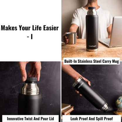 InstaCuppa Thermos Flask Bottle with Built-In Stainless Steel Mug, Twist Pour Screw Lid, Double Walled Vacuum Insulation 