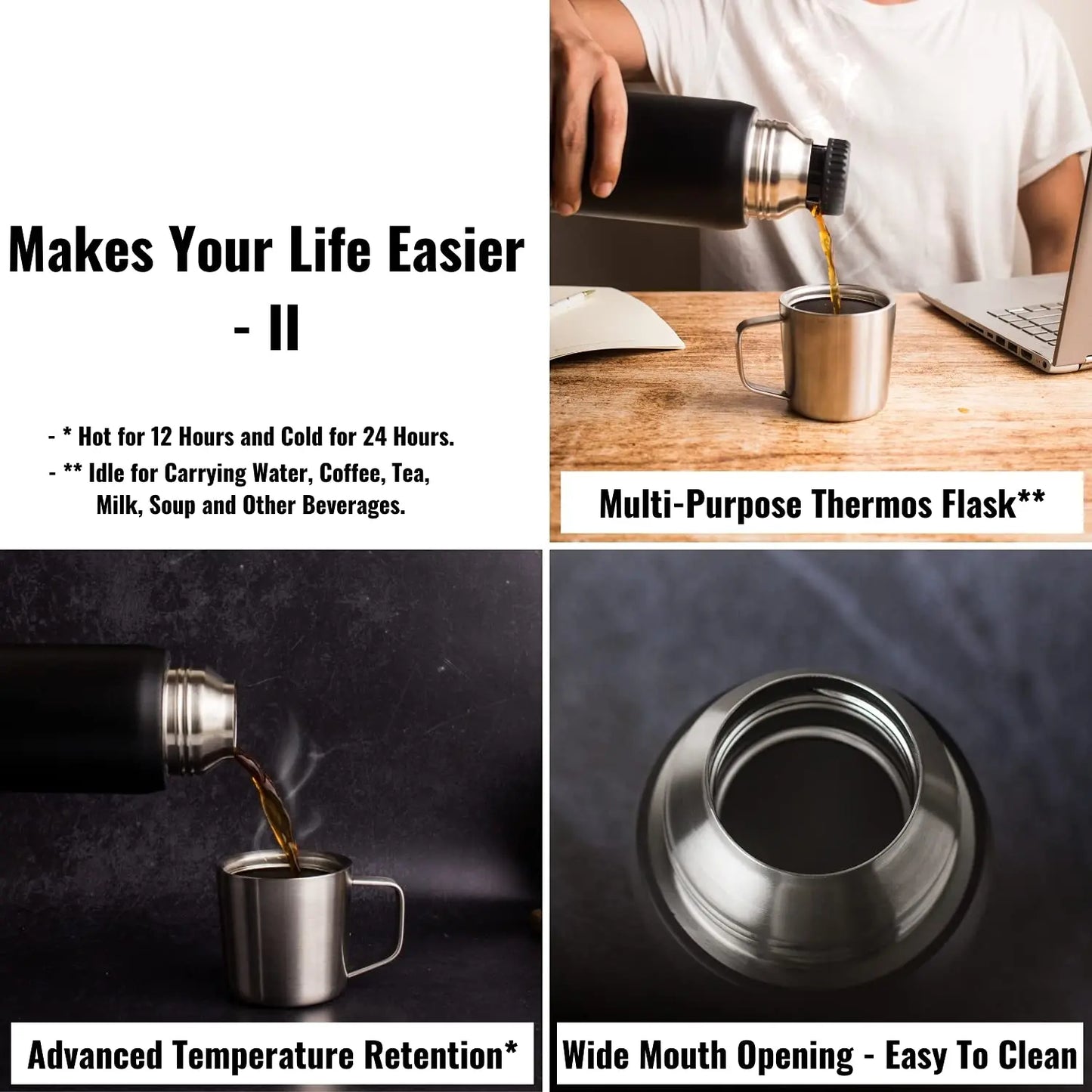 InstaCuppa Thermos Flask Bottle with Built-In Stainless Steel Mug, Twist Pour Screw Lid, Double Walled Vacuum Insulation 