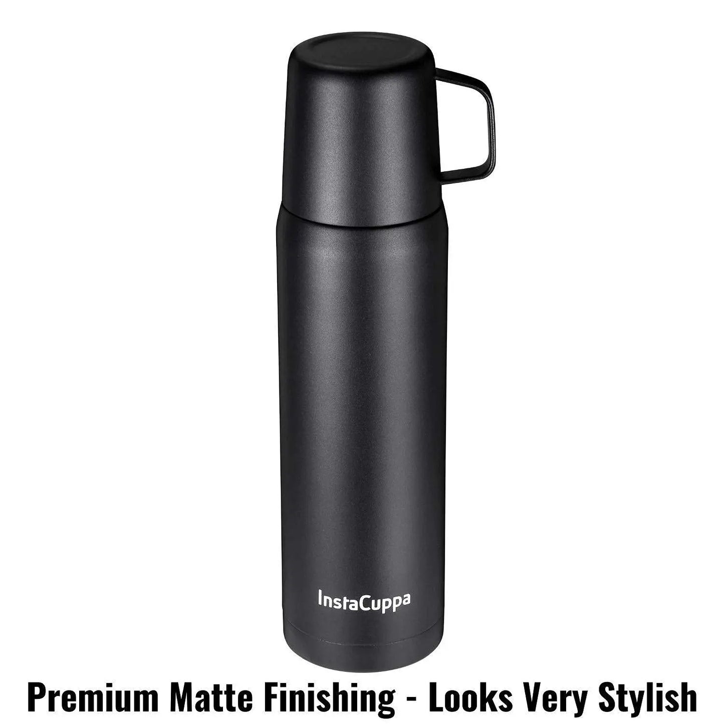 InstaCuppa Thermos Flask Bottle with Built-In Stainless Steel Mug, Twist Pour Screw Lid, Double Walled Vacuum Insulation 