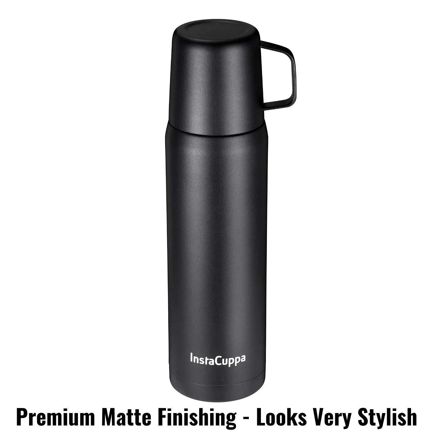 InstaCuppa Thermos Flask Bottle with Built-In Stainless Steel Mug, Twist Pour Screw Lid, Double Walled Vacuum Insulation 