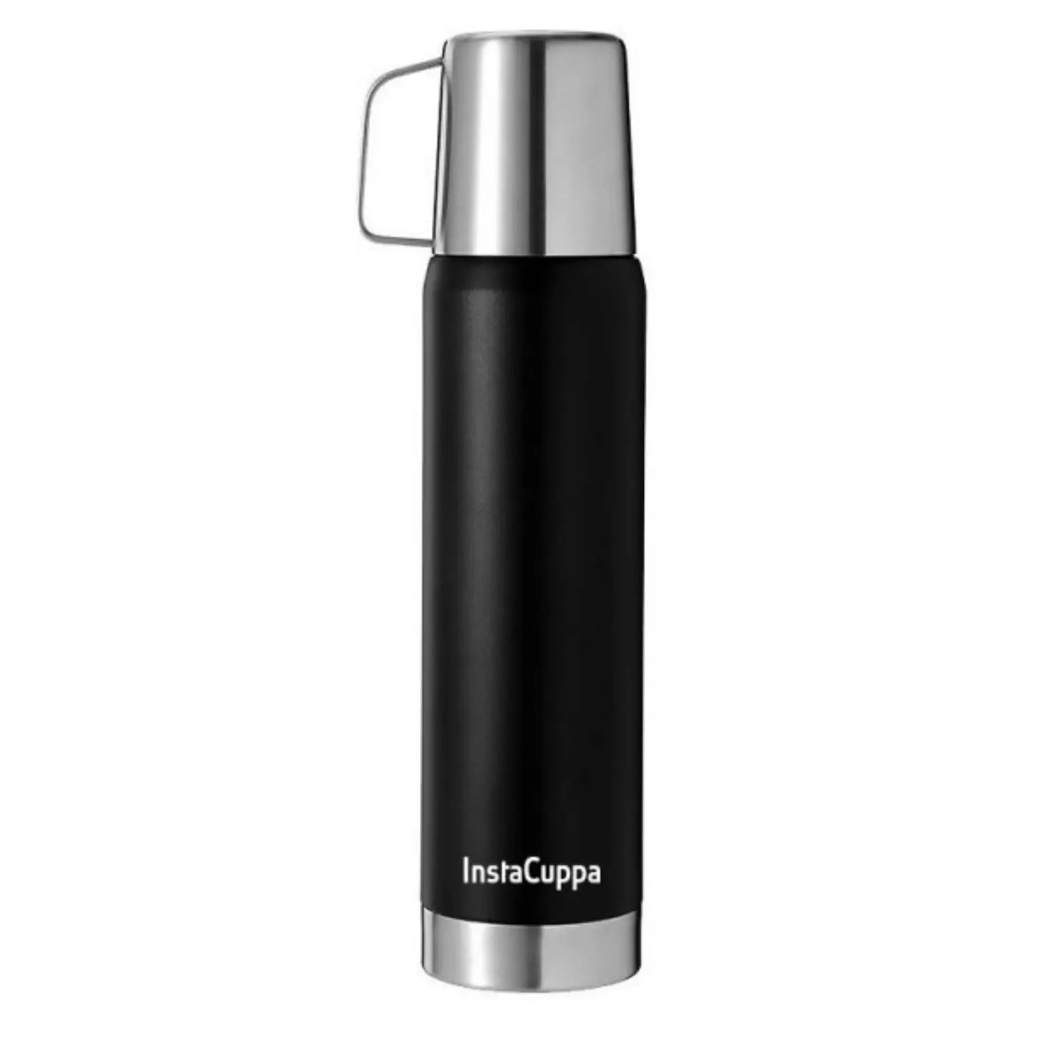 InstaCuppa Thermos Flask Bottle with Built-In Stainless Steel Mug, Twist Pour Screw Lid, Double Walled Vacuum Insulation  1000 ML / Black + Steel