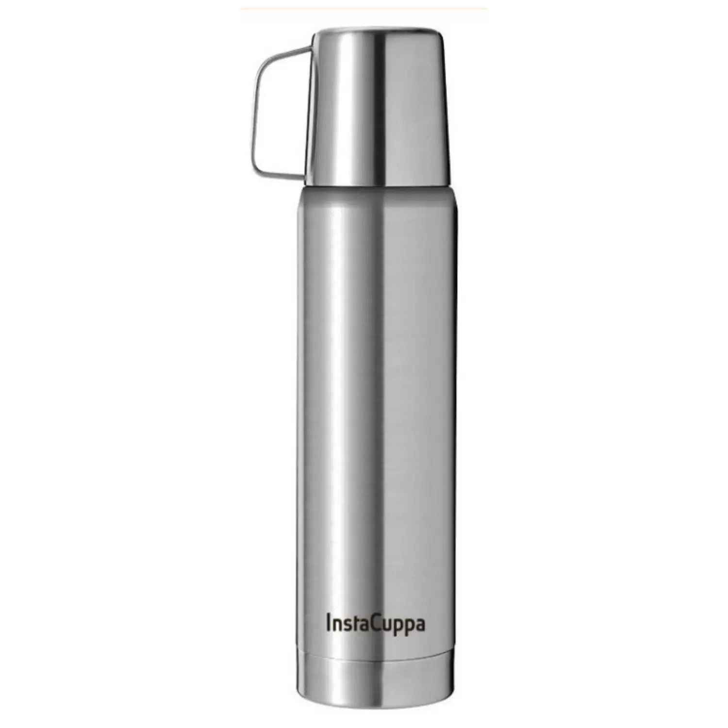 InstaCuppa Thermos Flask Bottle with Built-In Stainless Steel Mug, Twist Pour Screw Lid, Double Walled Vacuum Insulation  1000 ML / Steel