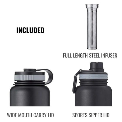 InstaCuppa Thermos Fruit Infuser Water Bottle - Double Walled Vacuum Insulation, Full Length Stainless Steel Infusion Unit, 