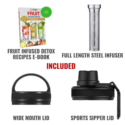 InstaCuppa Thermos Fruit Infuser Water Bottle - Double Walled Vacuum Insulation, Full Length Stainless Steel Infusion Unit, 