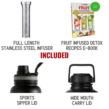 InstaCuppa Thermos Fruit Infuser Water Bottle - Double Walled Vacuum Insulation, Full Length Stainless Steel Infusion Unit, 