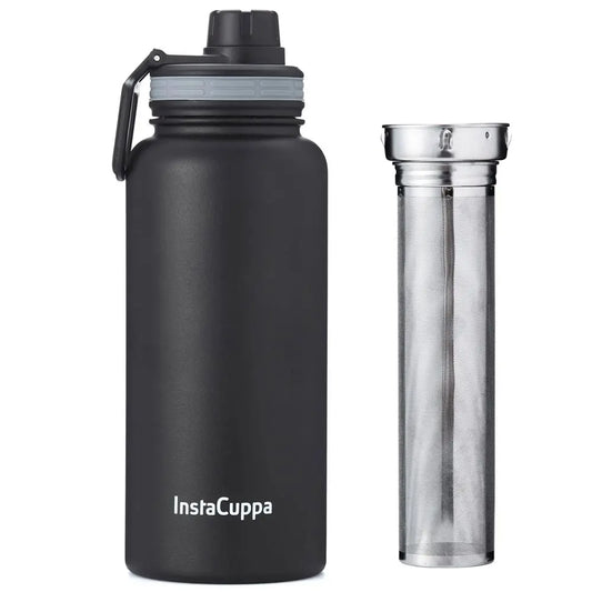 InstaCuppa Thermos Fruit Infuser Water Bottle - Double Walled Vacuum Insulation, Full Length Stainless Steel Infusion Unit,  Black / 1000 ML