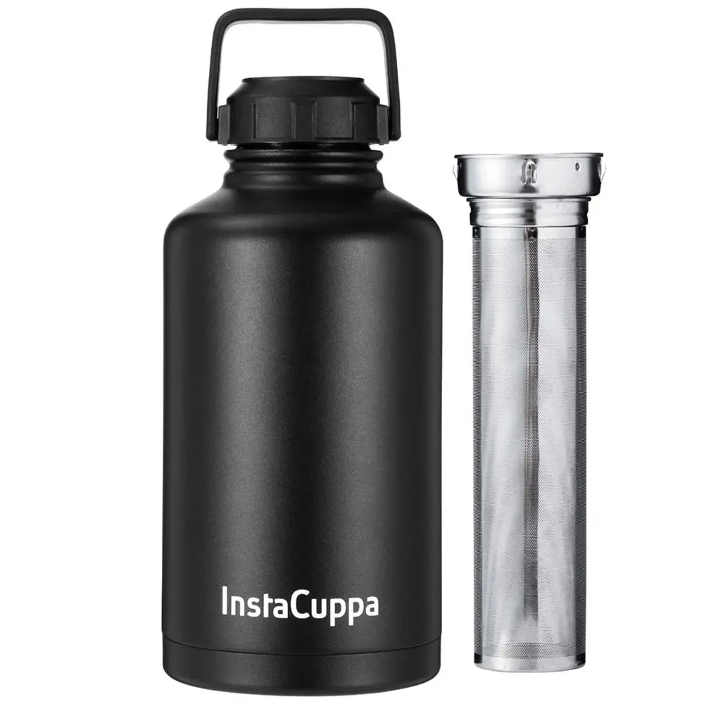 InstaCuppa Thermos Fruit Infuser Water Bottle - Double Walled Vacuum Insulation, Full Length Stainless Steel Infusion Unit,  Black / 2000 ML