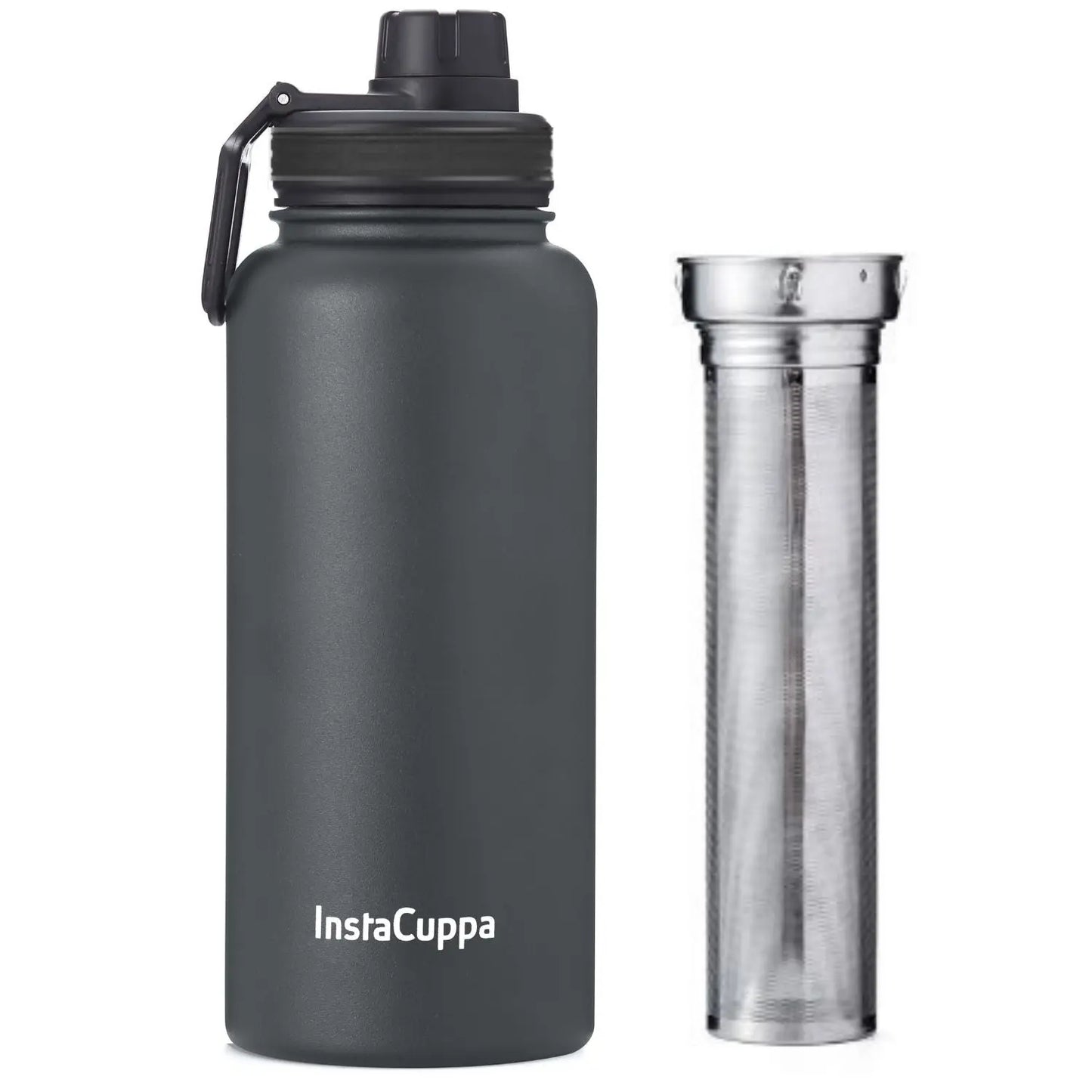 InstaCuppa Thermos Fruit Infuser Water Bottle - Double Walled Vacuum Insulation, Full Length Stainless Steel Infusion Unit,  Grey / 1000 ML