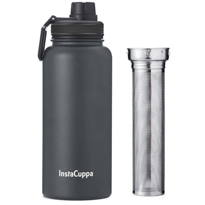 InstaCuppa Thermos Fruit Infuser Water Bottle - Double Walled Vacuum Insulation, Full Length Stainless Steel Infusion Unit,  Grey / 1000 ML