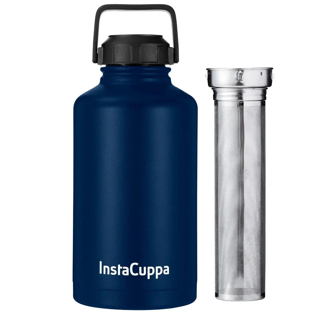 InstaCuppa Thermos Fruit Infuser Water Bottle - Double Walled Vacuum Insulation, Full Length Stainless Steel Infusion Unit,  Navy Blue / 2000 ML