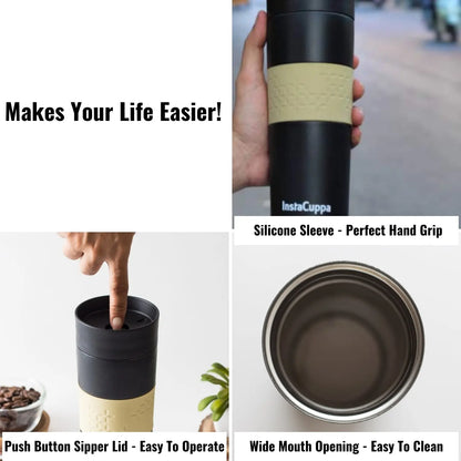 InstaCuppa Thermos Tea Infuser Travel Mug - Stainless Steel Infusion Unit, Double Walled Vacuum Insulation, Sipper Lid, Silicone Grip 