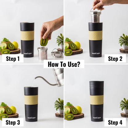 InstaCuppa Thermos Tea Infuser Travel Mug - Stainless Steel Infusion Unit, Double Walled Vacuum Insulation, Sipper Lid, Silicone Grip 