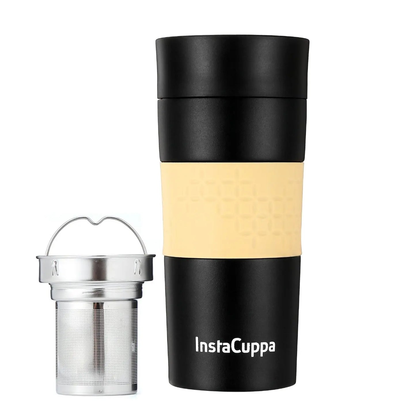 InstaCuppa Thermos Tea Infuser Travel Mug - Stainless Steel Infusion Unit, Double Walled Vacuum Insulation, Sipper Lid, Silicone Grip  350 ML / Black