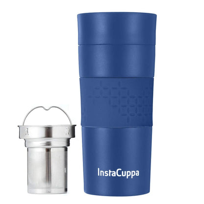 InstaCuppa Thermos Tea Infuser Travel Mug - Stainless Steel Infusion Unit, Double Walled Vacuum Insulation, Sipper Lid, Silicone Grip  350 ML / Navy Blue
