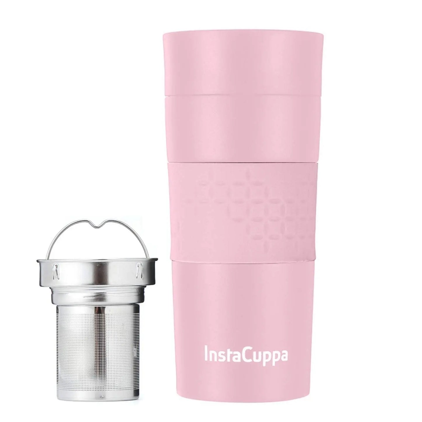 InstaCuppa Thermos Tea Infuser Travel Mug - Stainless Steel Infusion Unit, Double Walled Vacuum Insulation, Sipper Lid, Silicone Grip  350 ML / Pink